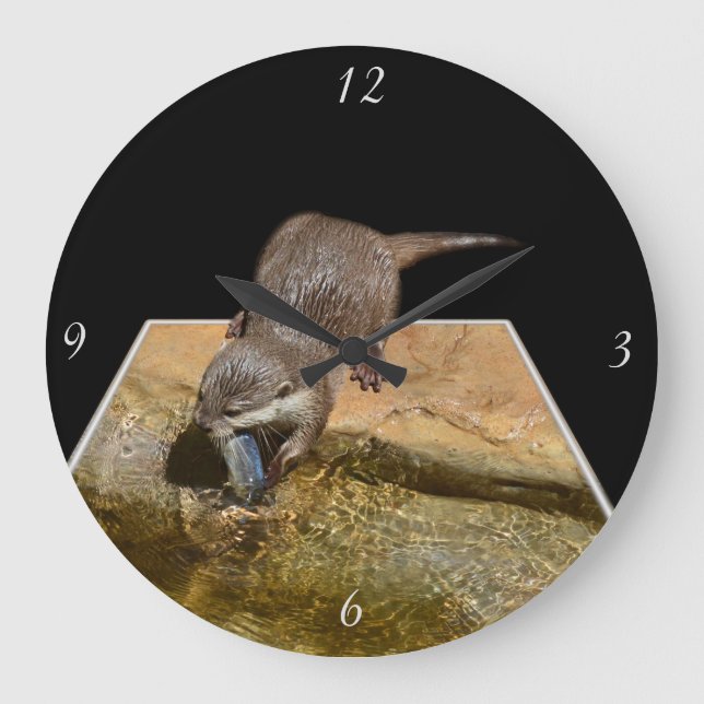 Hungry Otter Eating Fish, Large Round Wall Clock. Large Clock (Front)