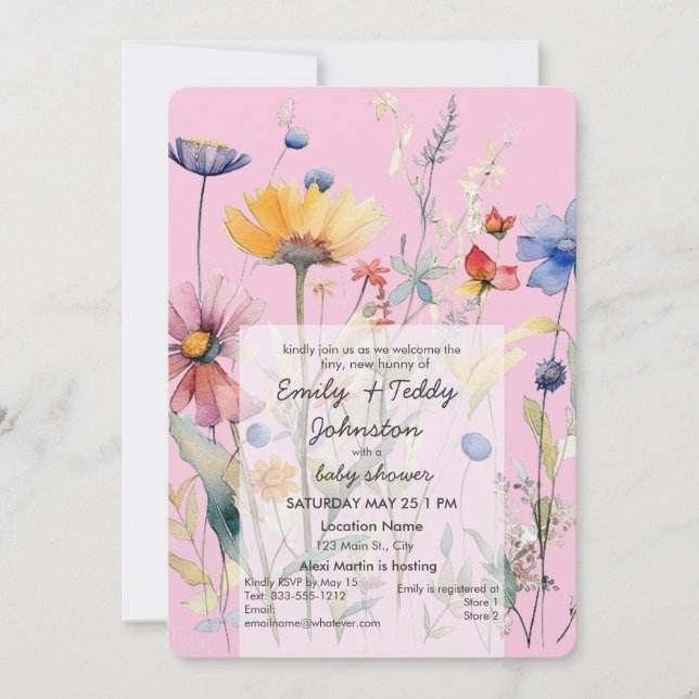 'Hunny' Wildflower Pastel Pink Girl Baby Shower Invitation (Front)