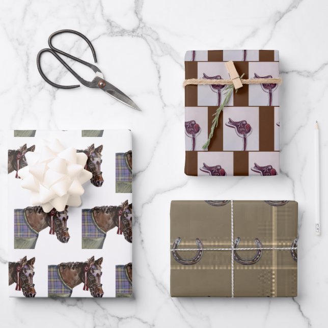 hunt club horse, tack, horse shoe wrapping paper sheet (Front)