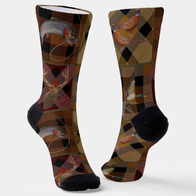 Hunt Club Plaid With Wildlife Game  Socks (Angled)