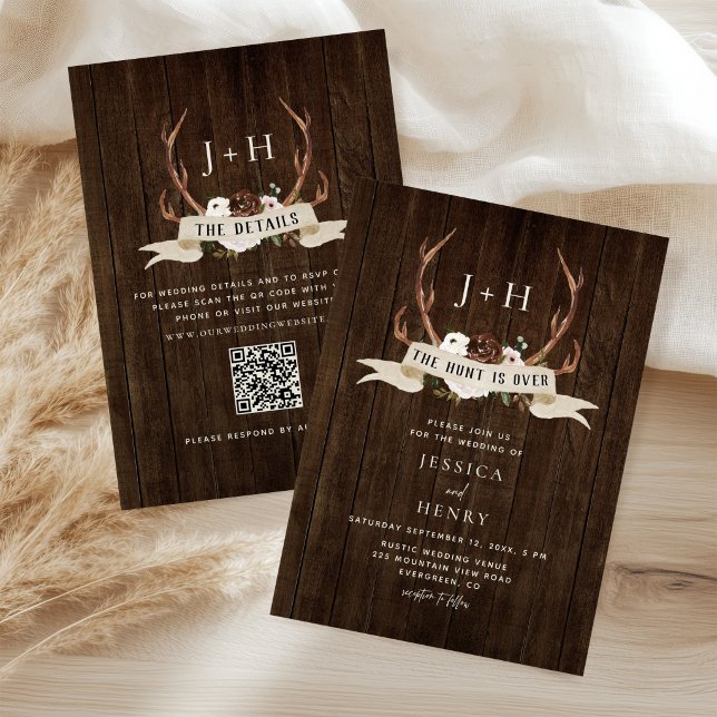 Hunt is Over Antlers Rustic Wood QR Code Wedding  Invitation (Creator Uploaded)