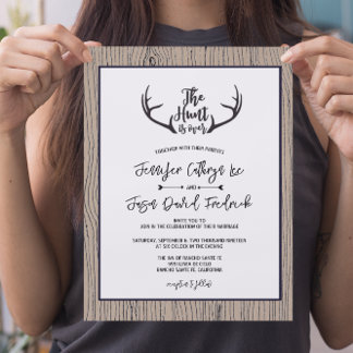 "Hunt is Over" Rustic Antler Barnwood Wedding Invitation