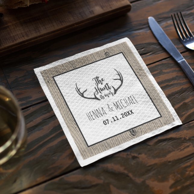 "Hunt is Over" Rustic Antler Barnwood Wedding Napkin (Creator Uploaded)