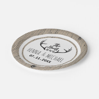 "Hunt is Over" Rustic Antler Barnwood Wedding Paper Plate