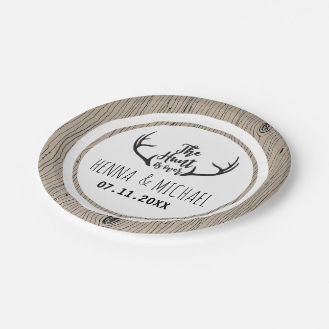 "Hunt is Over" Rustic Antler Barnwood Wedding Paper Plate (Angled)