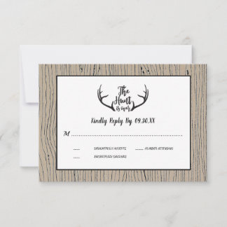 "Hunt is Over" Rustic Antler Barnwood Wedding RSVP Invitation