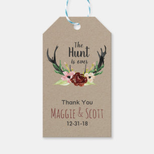 Hunt is Over Rustic Antler Burgundy Floral Wedding Gift Tags