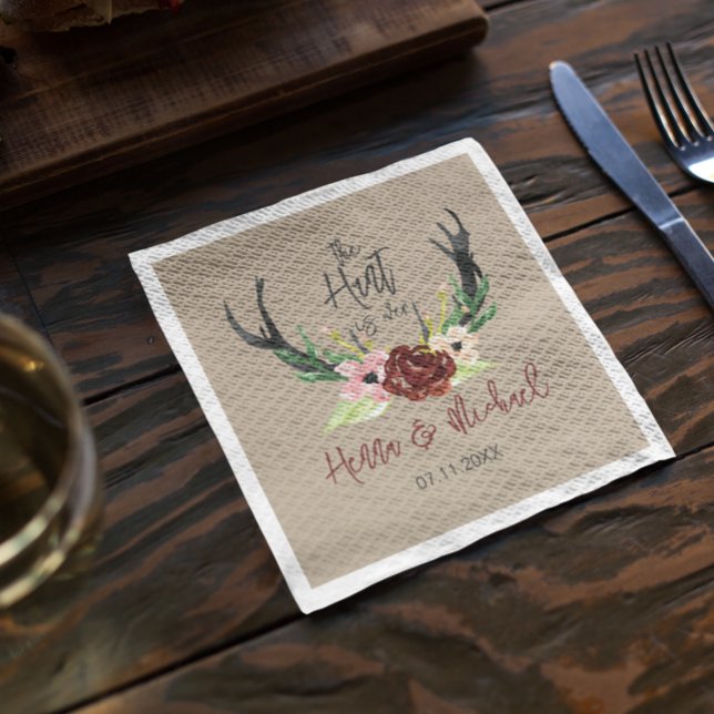 Hunt is Over Rustic Antler Burgundy Floral Wedding Napkin (Creator Uploaded)