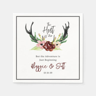 Hunt is Over Rustic Antler Burgundy Floral Wedding Napkin