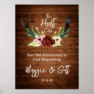 Hunt is Over Rustic Antler Burgundy Floral Wedding Poster
