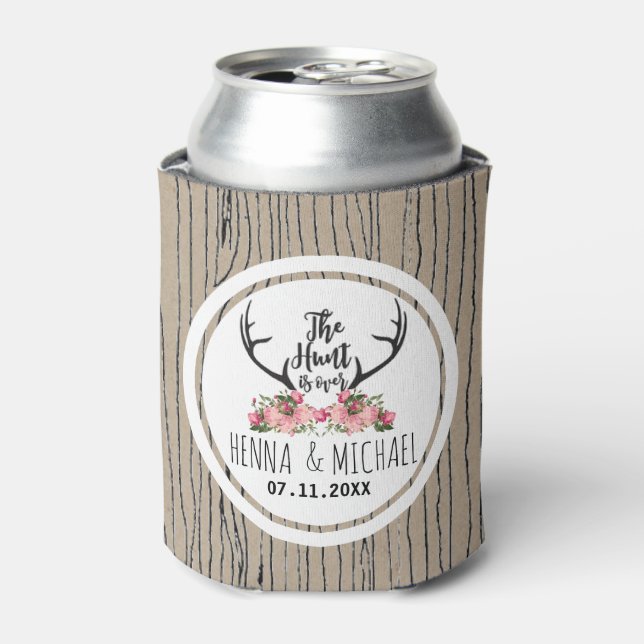 Hunt is Over Rustic Antler Floral Barnwood Wedding Can Cooler (Can Front)