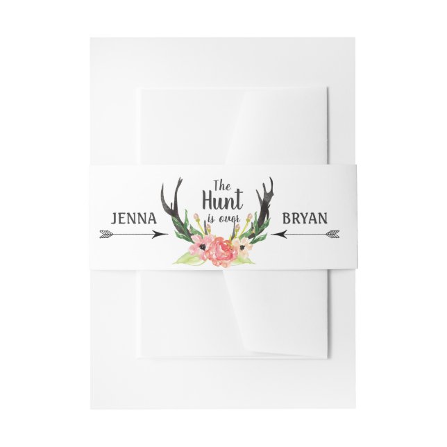 Hunt is Over Rustic Antler Floral Boho Wedding Invitation Belly Band (Front Example)