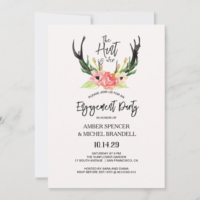 Hunt is Over Rustic Antler Floral Engagement Party Invitation (Front)