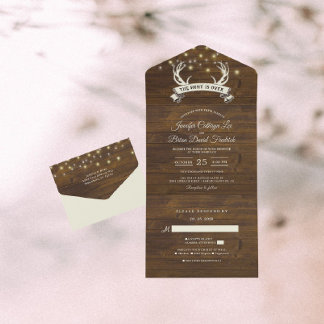"Hunt is Over" Rustic Antler Strings Light Wedding All In One Invitation