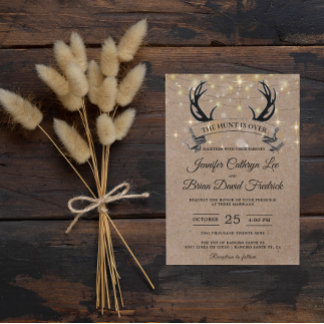 "Hunt is Over" Rustic Antler Strings Light Wedding Invitation