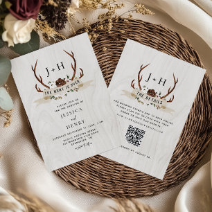 Hunt is Over Rustic Antlers Wedding QR Code Invitation