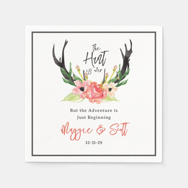 Hunt is Over Rustic Boho Antler Floral Wedding Napkin (Front)