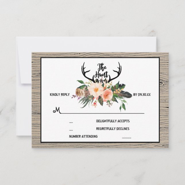 Hunt is Over Rustic Boho Floral Wedding RSVP (Front)