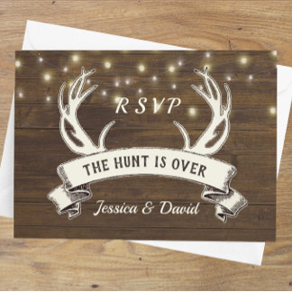 Hunt is Over Rustic String Lights Wedding RSVP Card