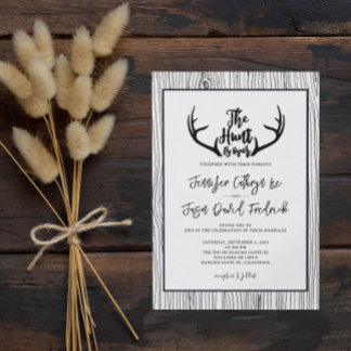"Hunt is Over" Rustic Wood Antler Wedding Invitation