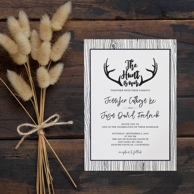 "Hunt is Over" Rustic Wood Antler Wedding Invitation (Creator Uploaded)
