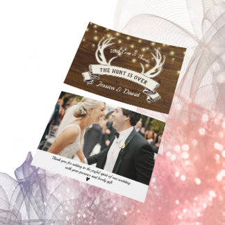 Hunt is Over Rustic Wood Antler Wedding Photo Thank You Card