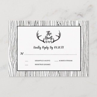 "Hunt is Over" Rustic Wood Antler Wedding RSVP Invitation