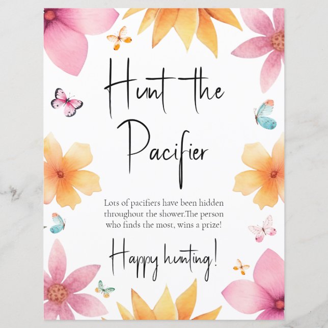 Hunt the Pacifier Baby Shower Games Paper Sheet (Front)