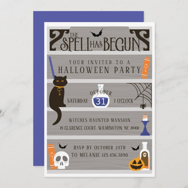 Hunted House Spell Bookshelf Halloween Party Invitation (Front/Back)
