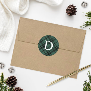 Hunter and Black Tartan Plaid Holiday Monogram Classic Round Sticker