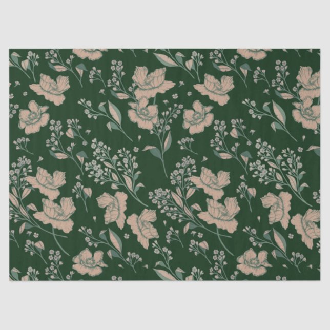 Hunter and Coral Pink Inked Blossoms Tissue Paper (Front)