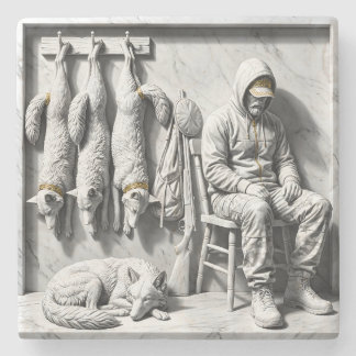 Hunter and Wolves Marble Relief Stone Coaster