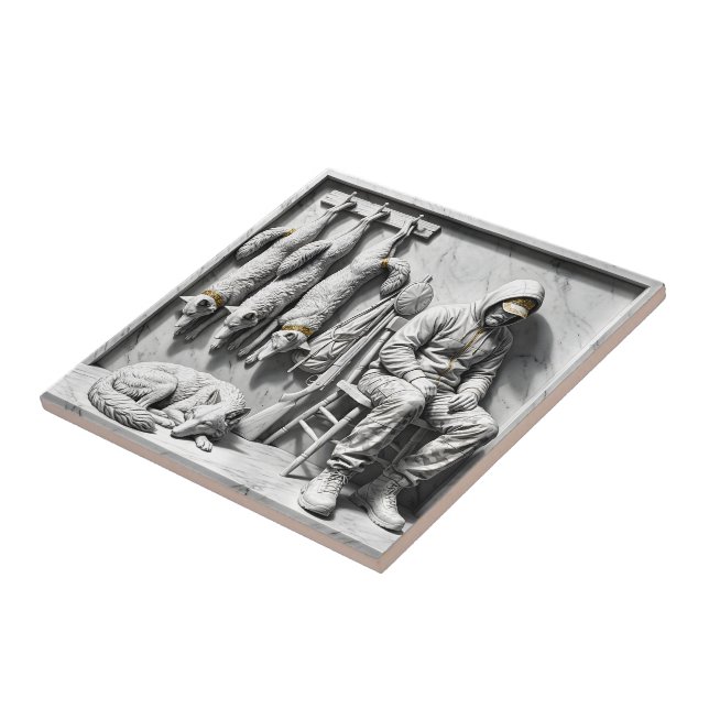 Hunter and Wolves Marble Relief Tile (Side)