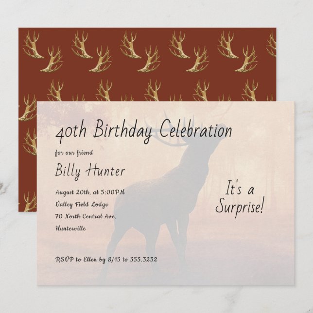 Hunter Antlers Surprise Birthday Party Invitation (Front/Back)