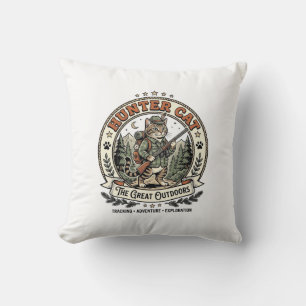Hunter Cat Hunting Outdoorsman Cat Vintage Vector  Cushion
