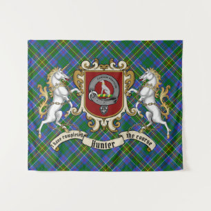 Hunter Clan Badge & Unicorns w/Tartan  Tapestry