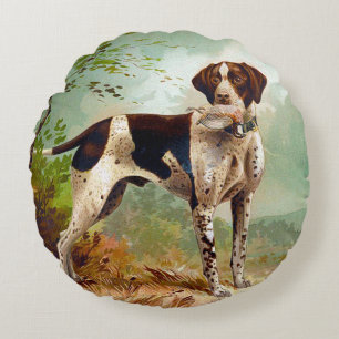 Hunter dog with bird in mouth round cushion
