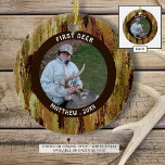 Hunter FIRST DEER Photo Camouflage Commemorative Ceramic Tree Decoration<br><div class="desc">Hunter's FIRST DEER commemorative keepsake photo ornament personalised with one picture and name and date or year with a camouflage design. All text is editable so you can change the title as desired. ASSISTANCE: For help with design modification or personalisation, colour change, resizing, transferring the design to another ornament style...</div>