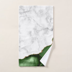 Hunter Green Agate Gold Glitter White Marble Hand Towel