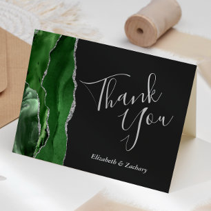 Hunter Green Agate Silver Dark Wedding Thank You Card
