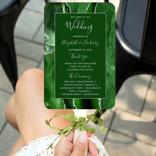 Hunter Green Agate Silver Glitter Wedding Program Hand Fan (Creator Uploaded)