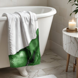 Hunter Green Agate Silver Glitter White Marble Bath Towel