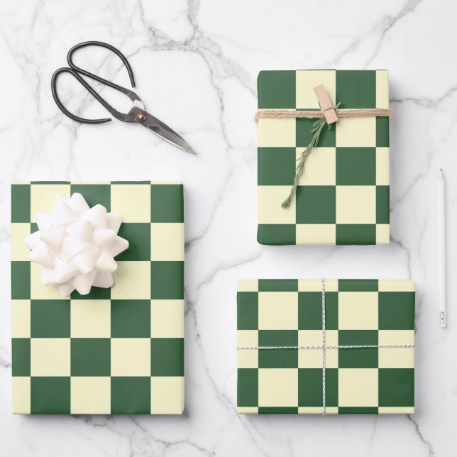 Hunter Green and Cream Chequerboard Wrapping Paper Sheet (Front)