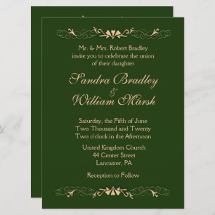 Hunter Green and Gold Wedding Invitation