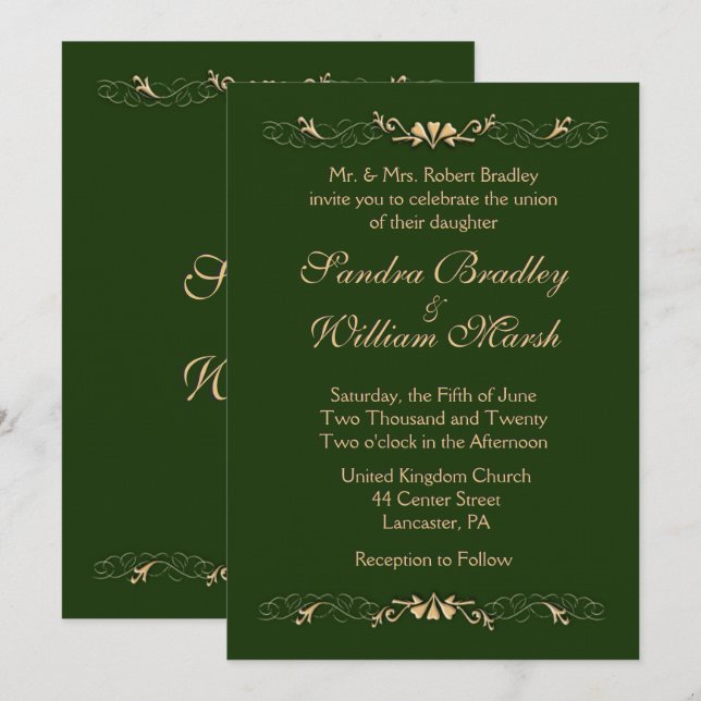 Hunter Green and Gold Wedding Invitation (Front/Back)