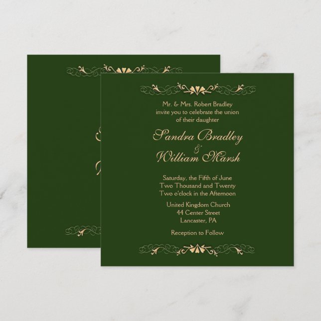 Hunter Green and Gold Wedding Invitation (Front/Back)