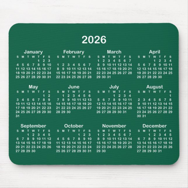 Hunter Green and White 2026 Calendar Mouse Mat (Front)