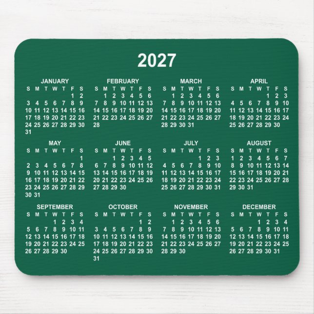 Hunter Green and White 2027 Calendar Mouse Mat (Front)