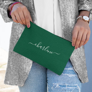 Hunter Green and White Elegant Name Accessory Pouch