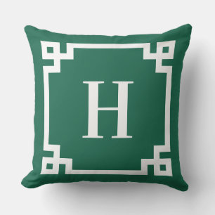 Hunter Green and White Greek Key Border Monogram Cushion